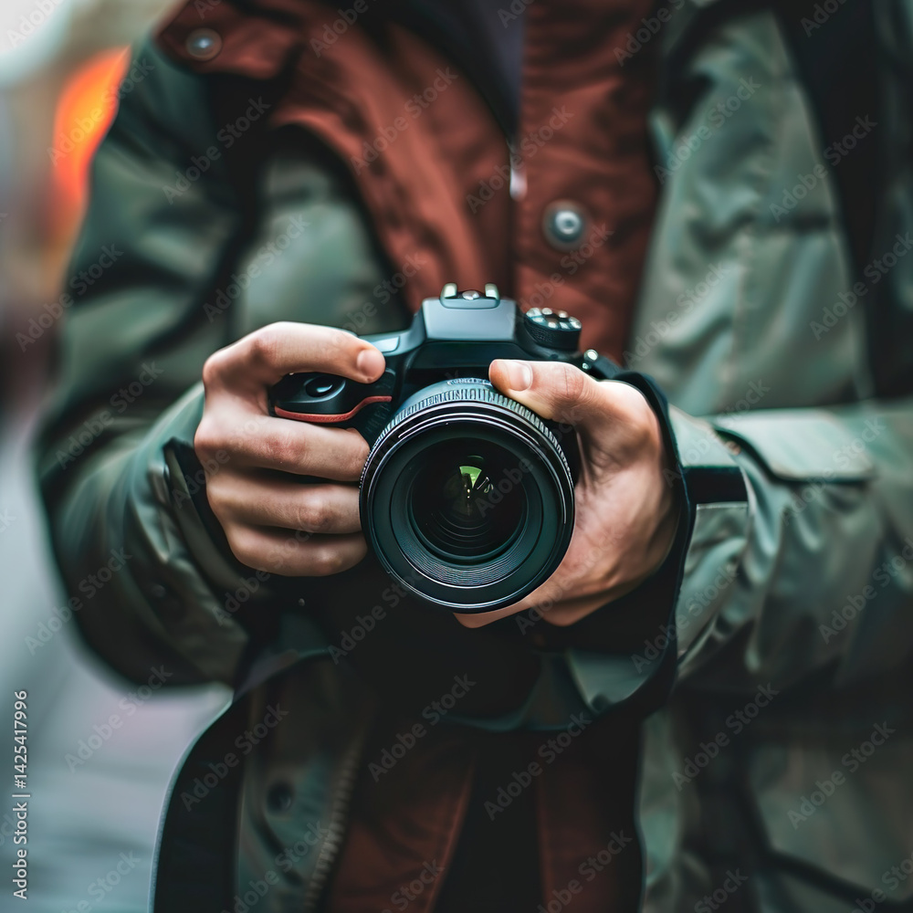 Digital camera with lens in hands of street photographer close-up dressed in green autumn raincoat