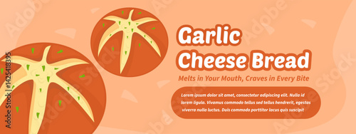 Garlic cheese bread with creamy filling and chopped herbs on top served on orange background with text layout for bakery promotion or food product advertisement banner