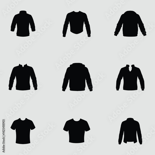 Collection Of Apparel Icons Featuring Various Styles Of Outerwear Such As Jackets,Sweaters,Tshirts On Gray Background