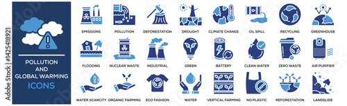 pollution and global warming  icon collection set. Containing design Factory Emissions, Air Pollution, Water Pollution, Deforestation, Drought