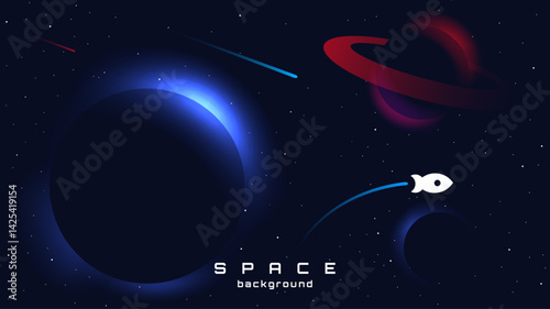 Space background with comets, stars, planets and rocket. Vector illustration. Design for greeting card, invitation, banner, wallpaper, background. Background with cosmos scenes.