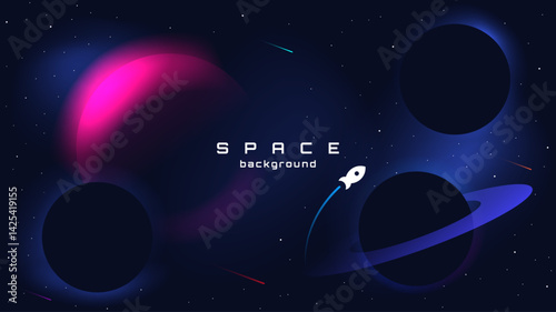 Space background with comets, stars, planets and rocket. Vector illustration. Design for greeting card, invitation, banner, wallpaper, background. Background with cosmos scenes.