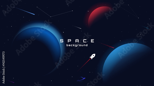 Space background with comets, stars, planets and rocket. Vector illustration. Design for greeting card, invitation, banner, wallpaper, background. Background with cosmos scenes.