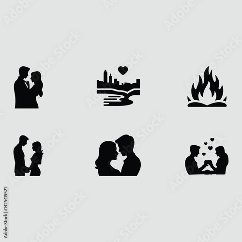 Romantic Illustration Set Of Silhouette Couples And Cityscape With Fire Elements For Valentine Day