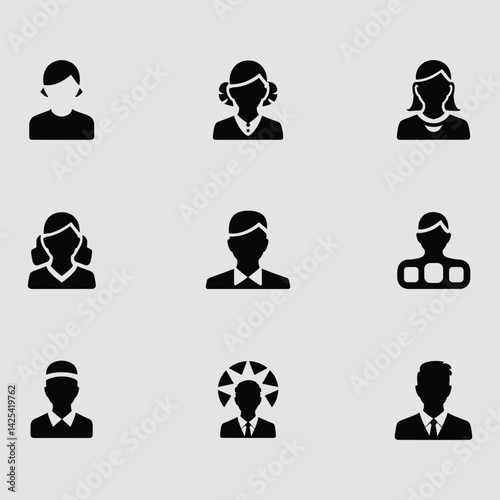 Collection Of Diverse User Avatar Icons Representing Different Professions And Demographics In Black Silhouette