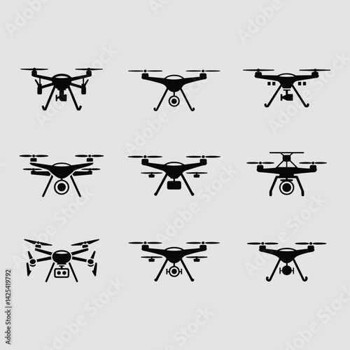 Collection Of Nine Drone Icons In Black Silhouette On A Light Gray Background For Multiple Purposes