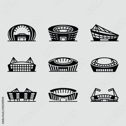 Collection Of Iconic Sports Stadium Black Silhouettes Vector Illustration Depicting Architectural Landmarks Used For Major Sporting Events And Concerts