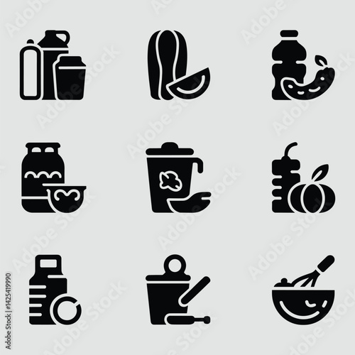 Black Silhouettes Set Of Different Food And Drink Items Isolated On A Pale Grey Background