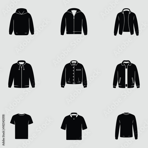 Collection Of Black Clothing Items Including Jackets T Shirts And Hoodies Displayed Against A Plain Background