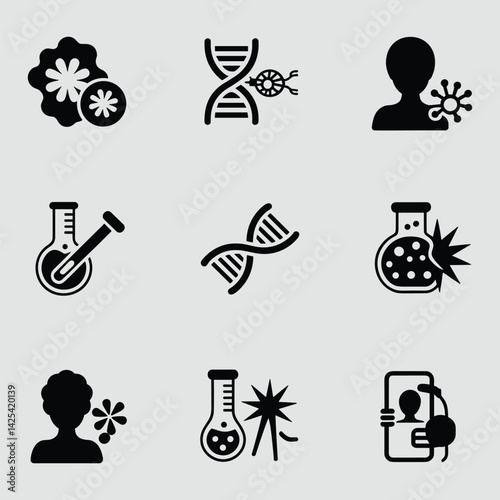 Black And White Scientific Icon Set Depicting Virus Dna Experimentation And Human Health Research