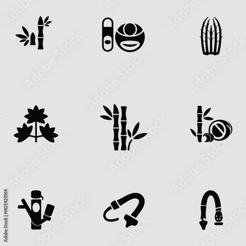 Minimalist Icons Collection Featuring Bamboo,Leaf,Yoga Equipment,Cactus,Branch,And Hose In Black Silhouette For Creative Designs