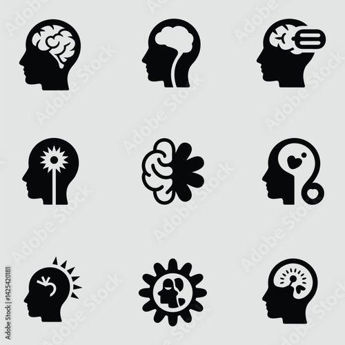 Creative Mind Conceptual Icons Set Representing Brain Mental Health And Different Thinking Processes In Silhouette