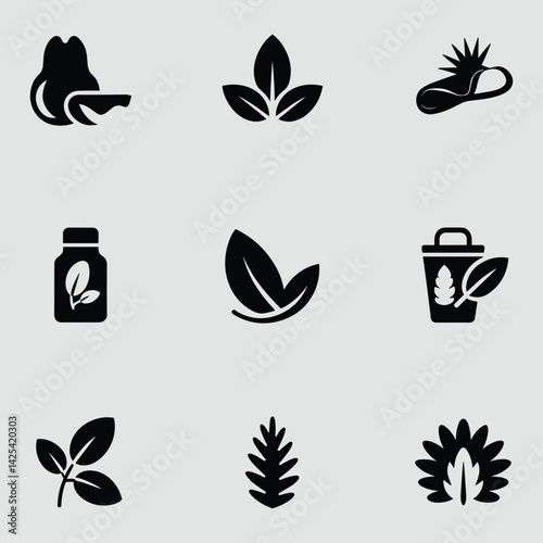 A Set Of Nine Icons Representing Ecological And Healthy Lifestyle Elements In A Minimalist Style