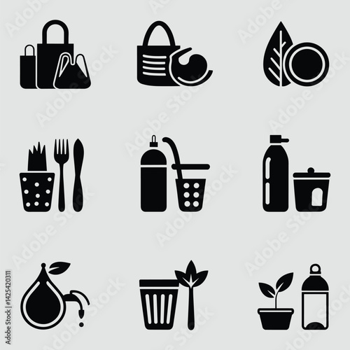 Eco Friendly Living Concept In Black Vector Icons Sustainability Environmental Awareness And Zero Waste Products For Everyday Use