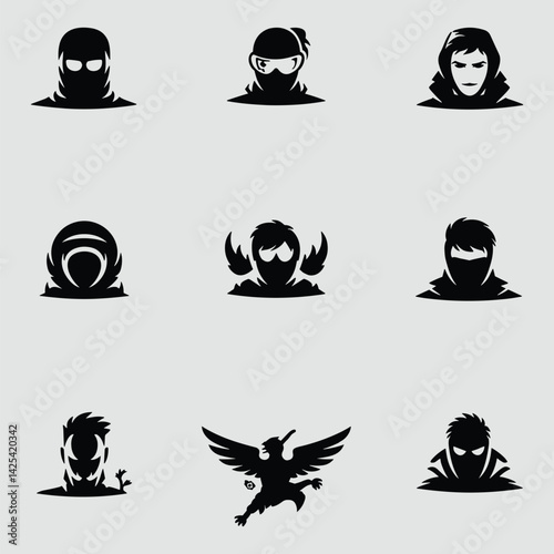 Collection Of Black Silhouette Icons Representing Superheroes And Masked Characters On A Gray Background