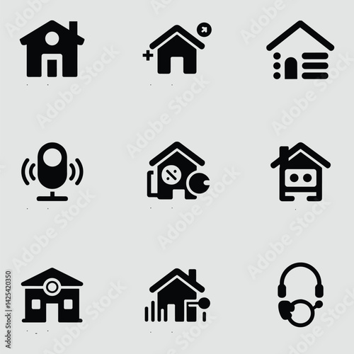 Collection Of Black House And Technology Icons For Real Estate And Smart Home Concepts On A Light Background