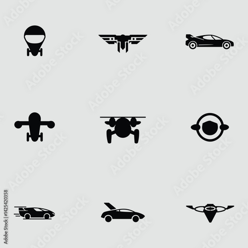 Futuristic Transportation Icon Set Silhouette Of Spaceships Drones And Flying Vehicles Vector Design