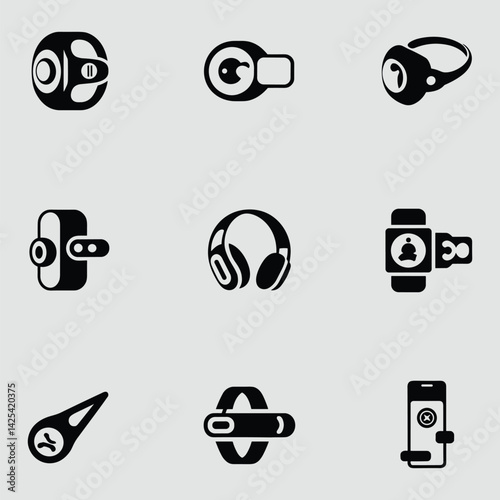 Wearable Technology Device Icons Isolated Against Gray Backdrop Including Headphones Camera Smartwatch And Vr Headsets