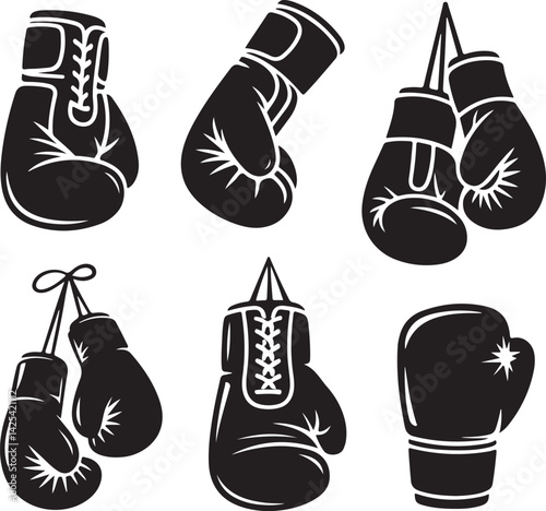 Collection of black boxing gloves silhouettes in various angles and styles, martial arts and fighting sport icons