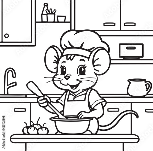 Coloring page for liitle kids with a cute Chef mouse cooking in the kitchen
