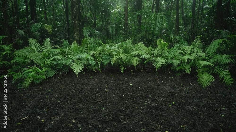 Obraz premium Lush ferns line a dark forest floor