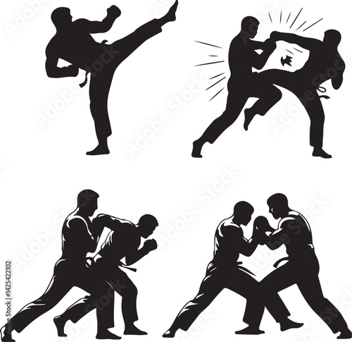 Black silhouettes of martial arts fighters sparring and striking in dynamic combat poses, vector illustrations for sports and fitness
