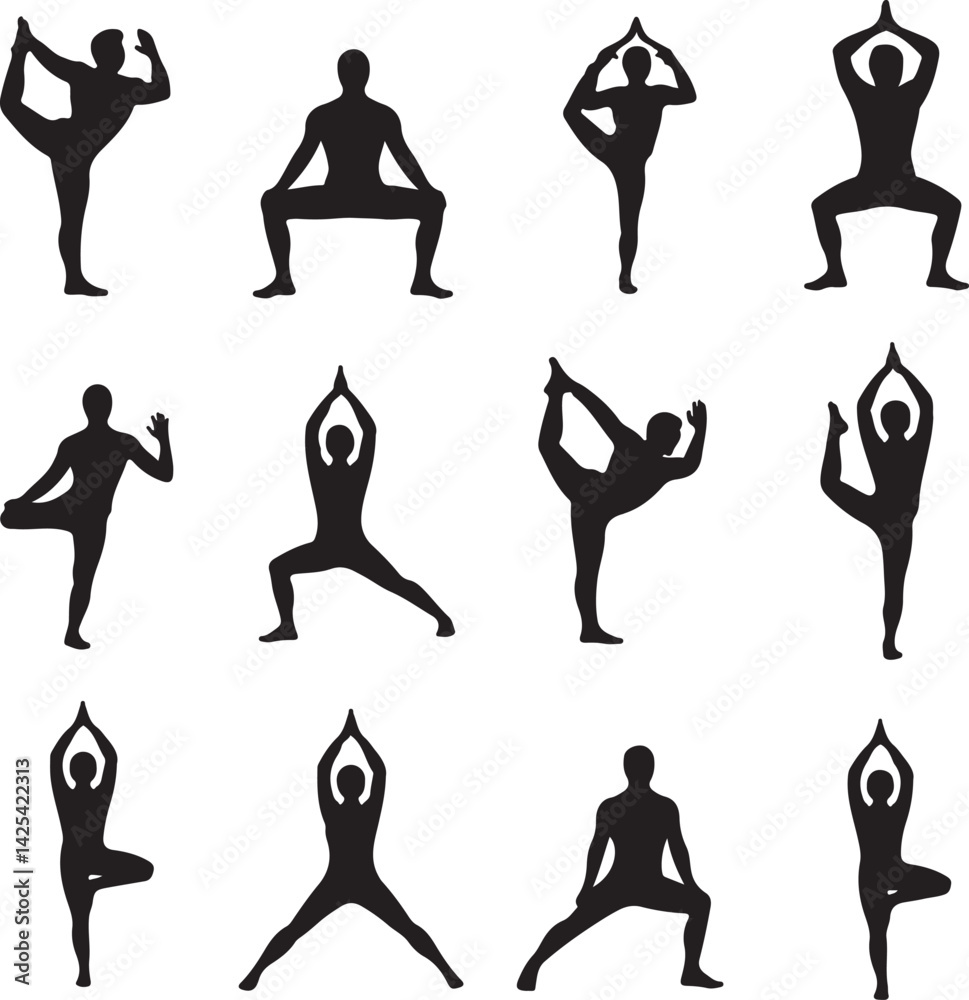 Fototapeta premium Set of black silhouettes of people performing various yoga poses including meditation and stretches, wellness and fitness icons