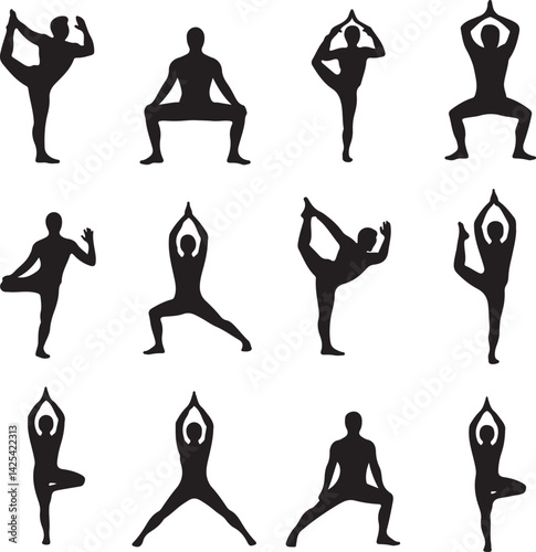 Set of black silhouettes of people performing various yoga poses including meditation and stretches, wellness and fitness icons