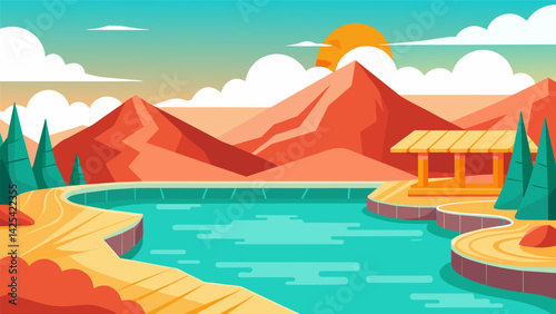 A warm and inviting hot springs where you can relax and stretch your muscles in the thermal waters while enjoying a scenic view.. Vector illustration