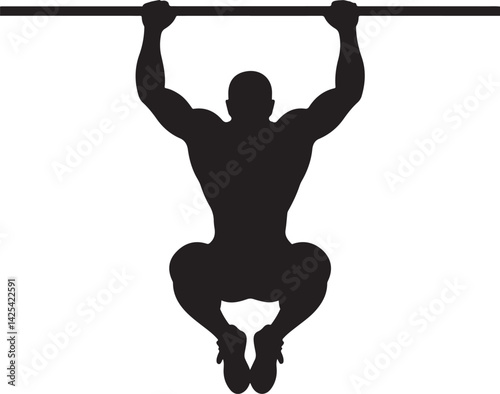 Black silhouette of muscular man performing pull-up exercise on horizontal bar, fitness and strength training vector illustration