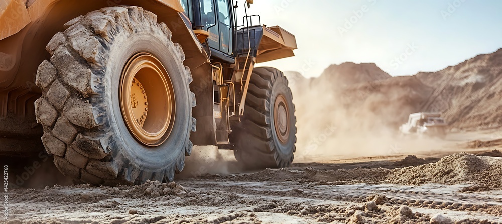 Heavy Construction Machinery in Action: Articulated Wheel Loader Moves Sand in Desert Landscape