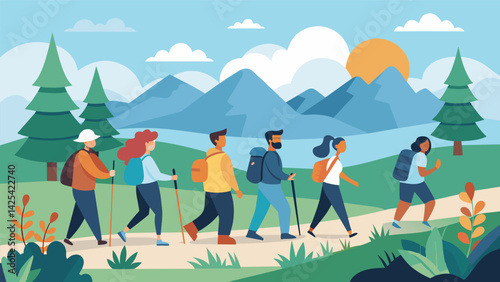 A weekly group hike or nature walk for employees to enjoy physical activity in a scenic environment.. Vector illustration