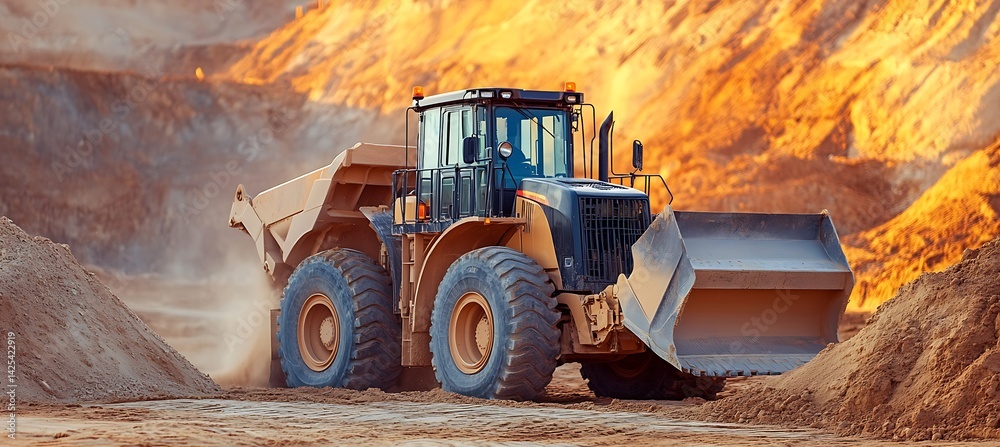 Heavy Construction Machinery in Action: Articulated Wheel Loader Moves Sand in Desert Landscape