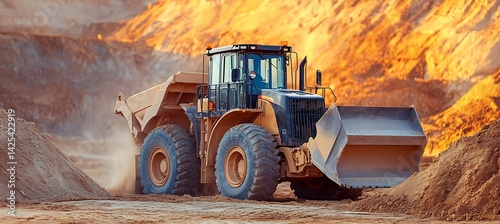 Obraz na płótnie Heavy Construction Machinery in Action: Articulated Wheel Loader Moves Sand in Desert Landscape w salonie