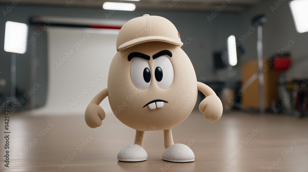 Obraz premium Egg Character with Angry Expression: A cute egg-shaped character, wearing a baseball cap and displaying a grumpy expression.