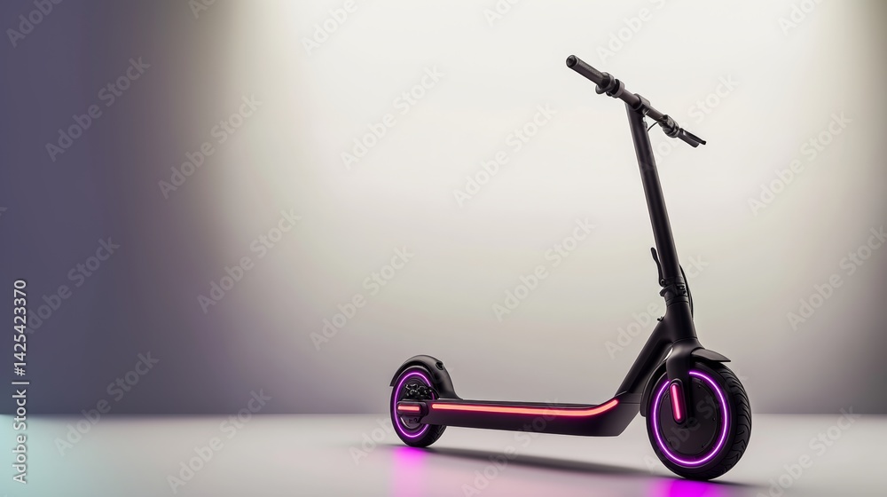 Black scooter with neon lights on the front and back. The scooter is parked in front of a white wall Black scooter with neon lights on the front and back. The scooter is parked in front of a white wall