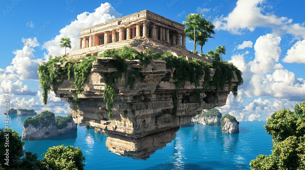 Obraz premium Floating Island Temple Pixel Art Seascape