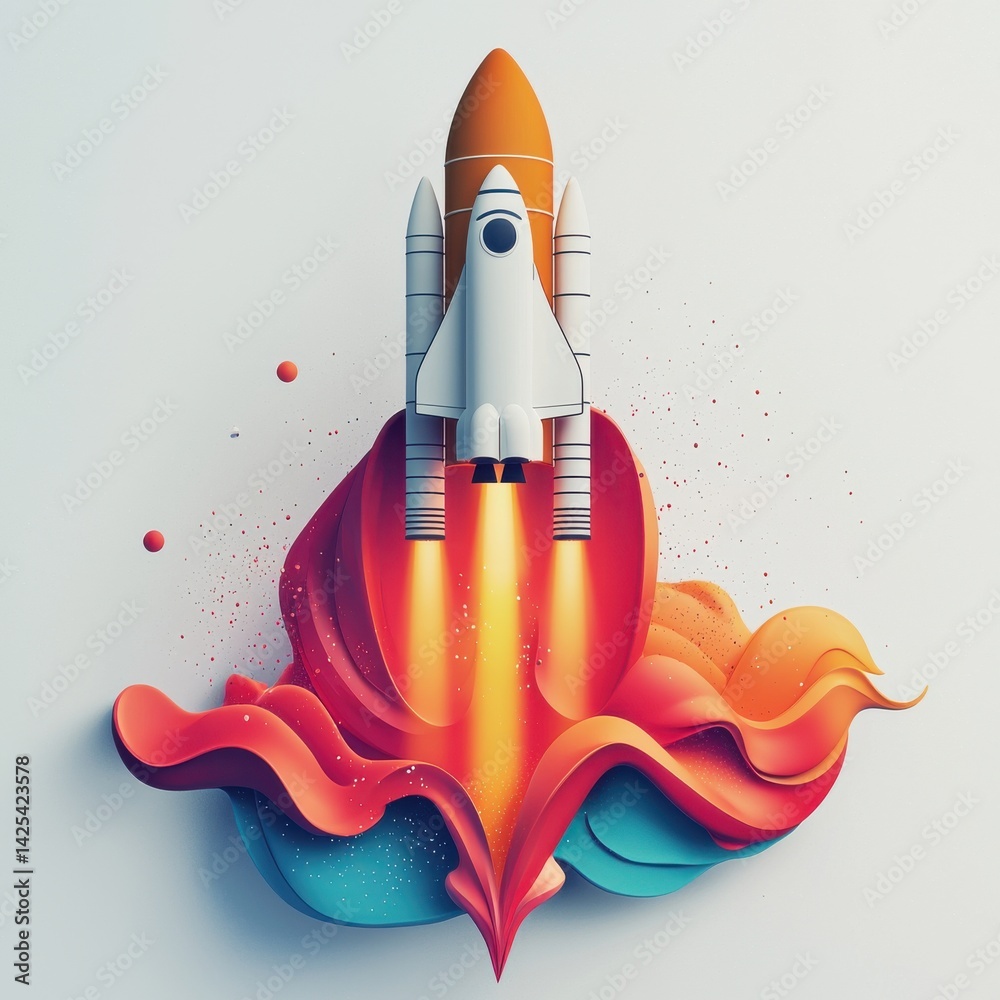 National Space Day Rocket launching from a colorful floral design, symbolizing creativity and exploration.