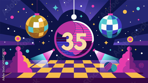 A flashy party with disco balls and neon lights paying tribute to a classic dance album on its 35th anniversary. Vector illustration