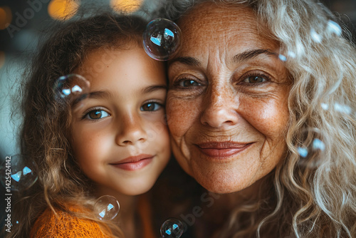 Generative AI Tender Moment Between Grandmother and Granddaughter Surrounded by Soap Bubbles