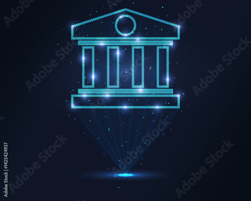 Bank hologram. Futuristic holographic projection of a bank with glowing energy flux and financial design. Ideal for banking, finance, and economic concepts in modern business projects