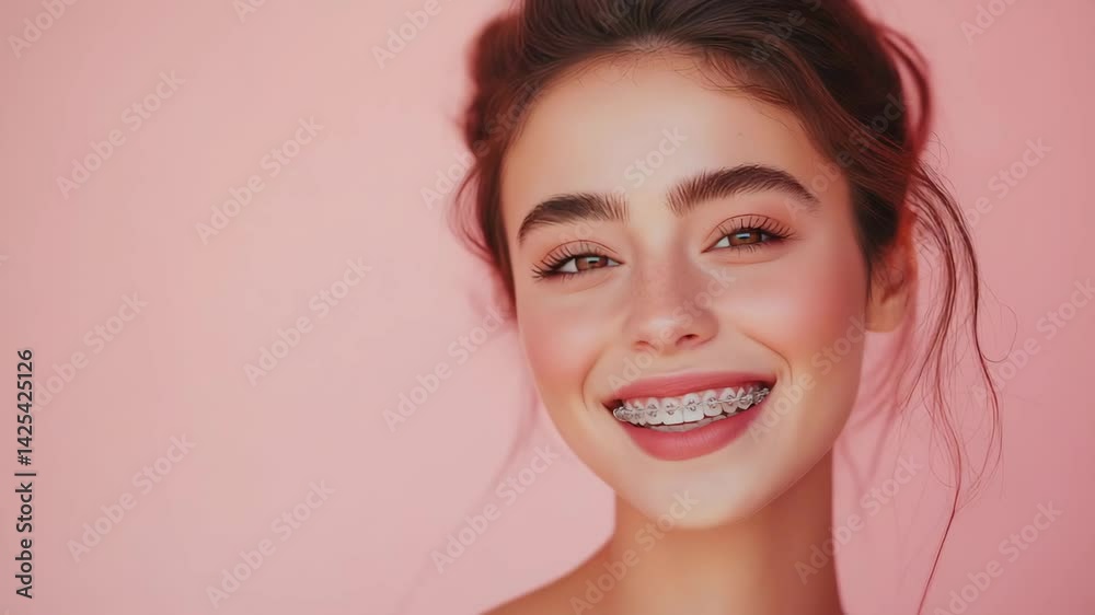 Smiling Woman with Metal Braces and Pink Background Smiling Woman with Metal Braces and Pink Background