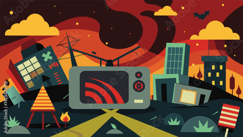 A sinister TV network broadcasting footage of natural disasters and crime scenes on a loop with a constant warning of impending doom..