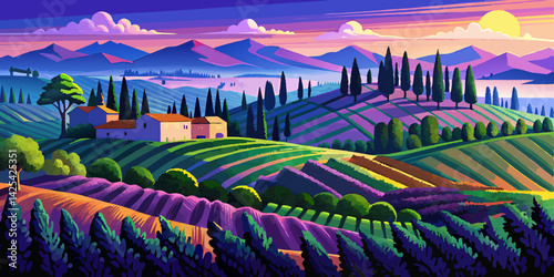 illustration Italian vineyards cartoon landscape design with green hills and fields Vector. Flat design banner. European summer rural scenery at evening