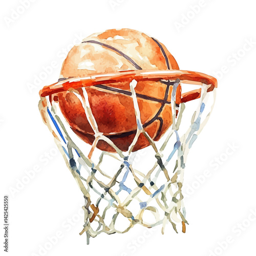 Basketball resting in a hoop net, watercolor illustration, isolated on a white background.

