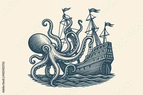 Giant octopus attacking ship, vintage engraving style
