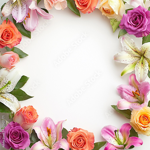 Colorful flower frame with roses and lilies, isolated on white background