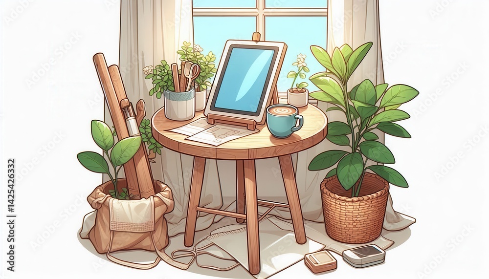 Fototapeta premium Creative workspace inspiration cozy home office desk setup with plants and art supplies