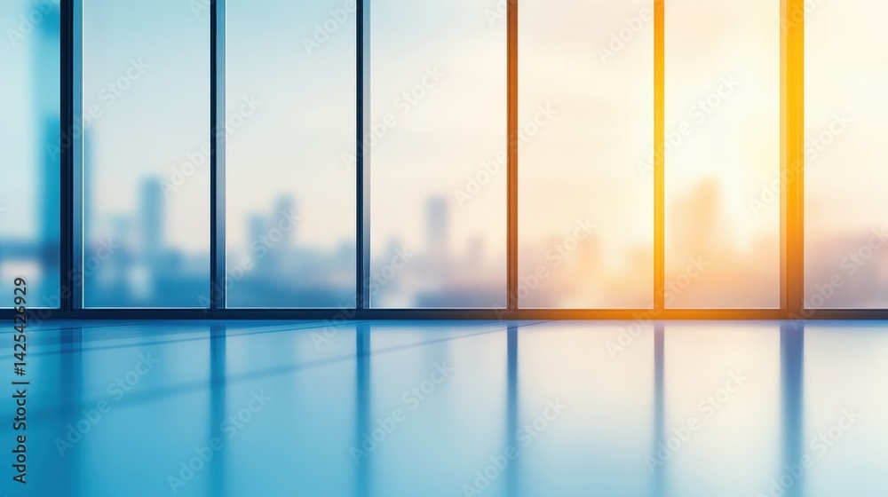 Fototapeta premium Modern office interior with large windows showcasing a city skyline at sunset, creating a tranquil atmosphere