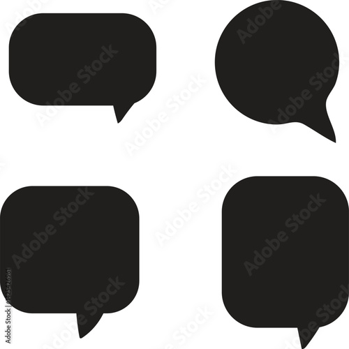  Black and White Speech Bubbles in Comic Style Featuring Dialogue Balloons, Chat Icons, and Communication Symbols with Clean Lines and Simple Geometric Forms